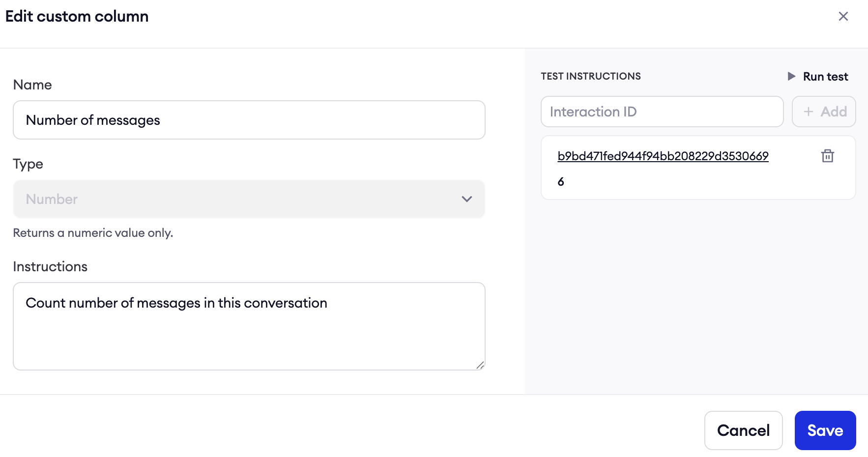 Example configuration for a number Custom Column