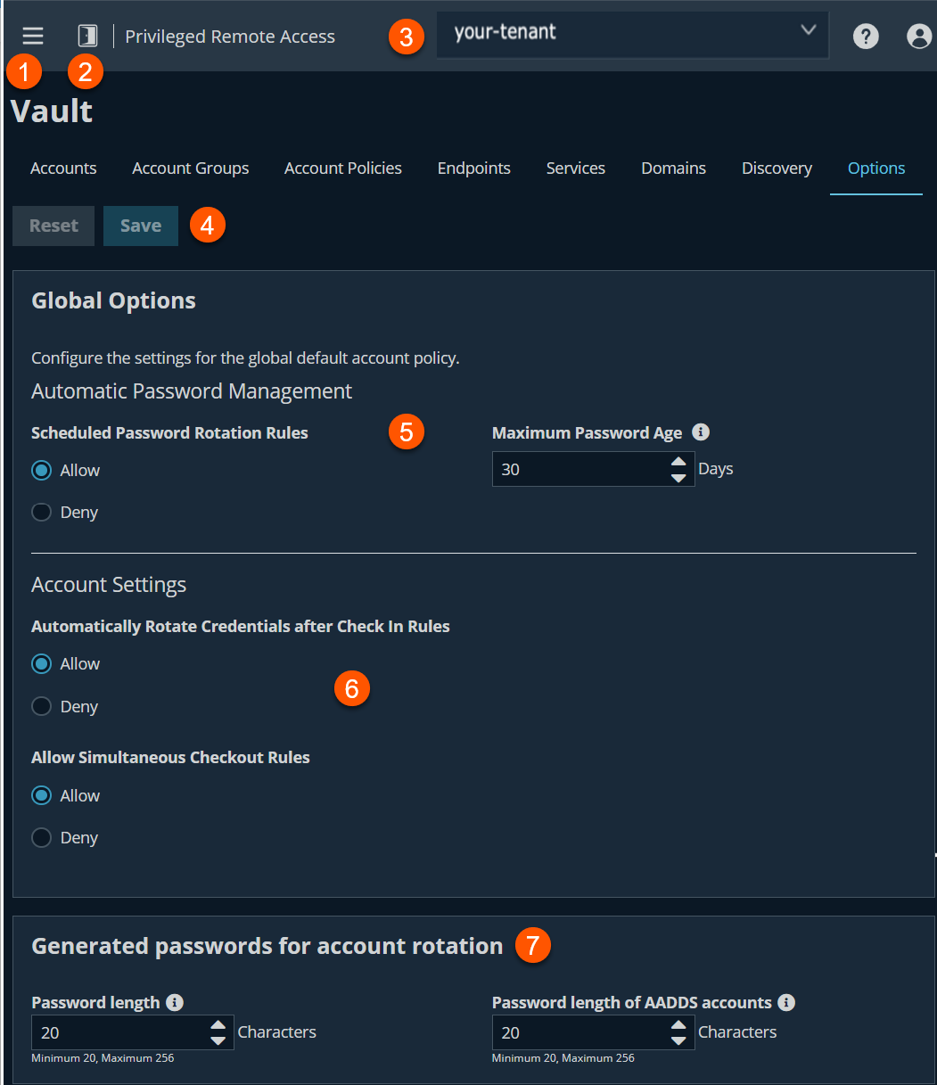 An image of the Vault settings page in a Privileged Remote Access interface. The interface includes navigation options such as Accounts, Account Groups, Account Policies, Endpoints, Services, Domains, Discovery, and Options. The main content displays Global Options and Account Settings sections. Global Options include settings for automatic password management, scheduled password rotation rules, and maximum password age (30 days). Account Settings include rules for automatic credential rotation after check-in and simultaneous checkout permissions. Buttons for Reset and Save are present.