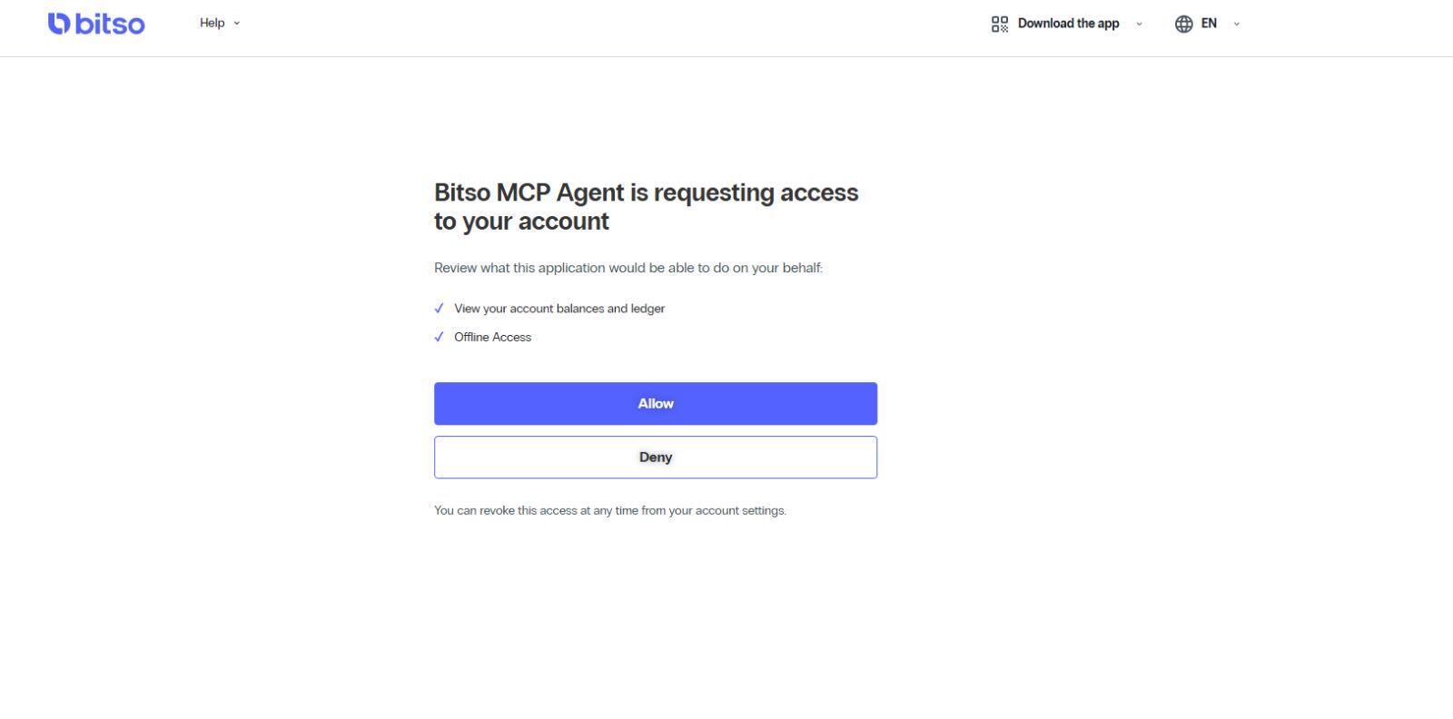 Bitso MCP Agent is requesting access to your account: Allow or Deny