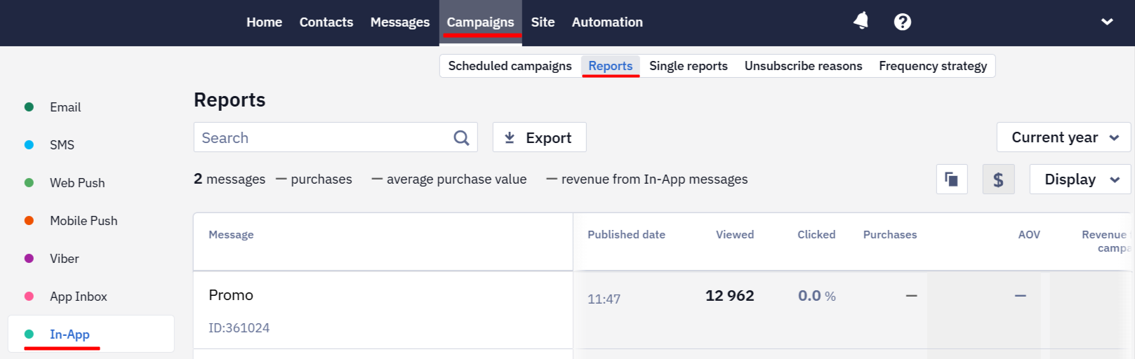In-App reports section in Campaigns