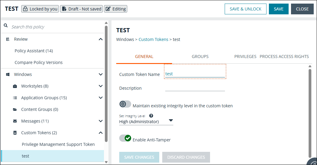 Custom token settings for the General tab in EPM Policy Editor.