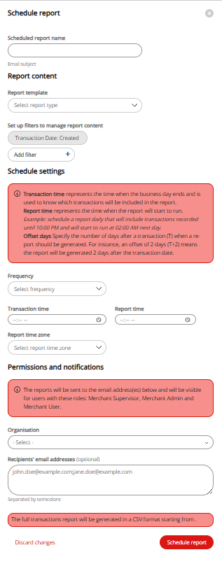 Report scheduler form that opens from the right side of the dashboard