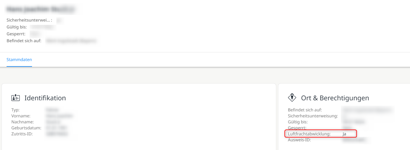 Anzeige in der Detailansicht, ob ein Fahrer für die Luftfrachtabwicklung zugelassen ist