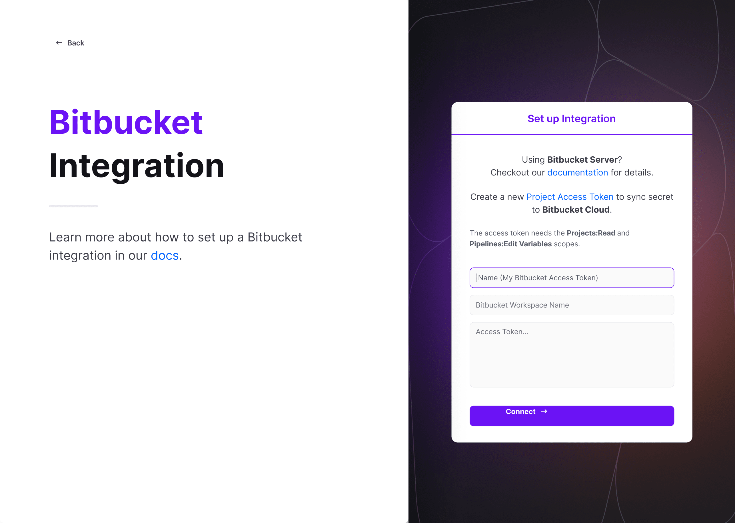 Screenshot of Bitbucket integration setup