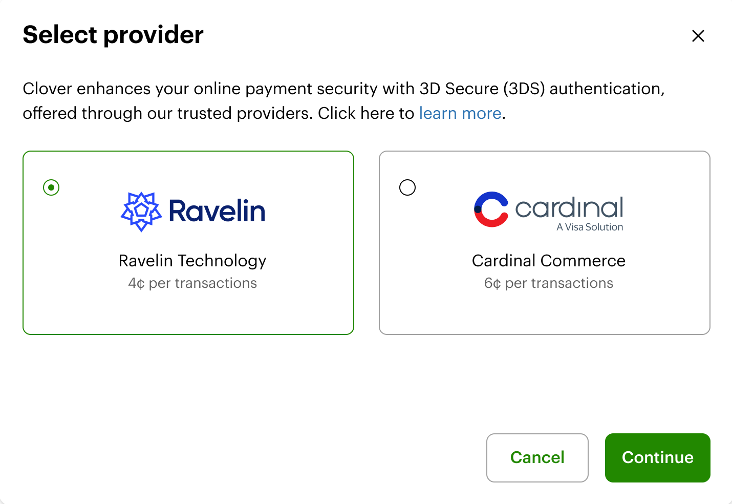 Merchant Dashboard: Select provider