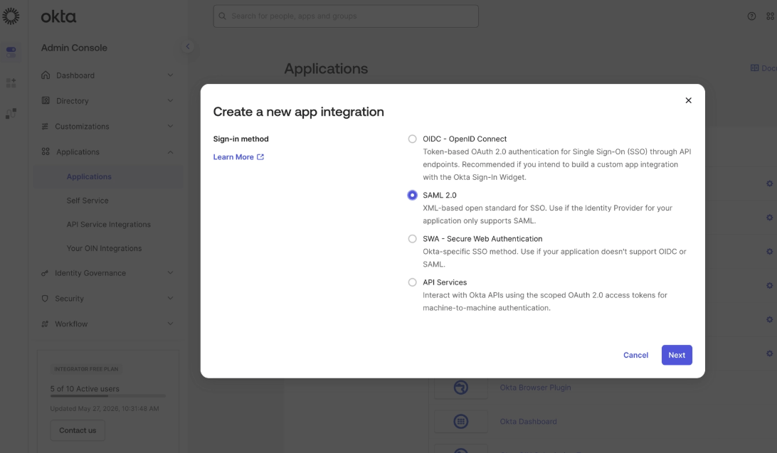 Okta Admin Console Create App Integration dialog with the SAML 2.0 option selected