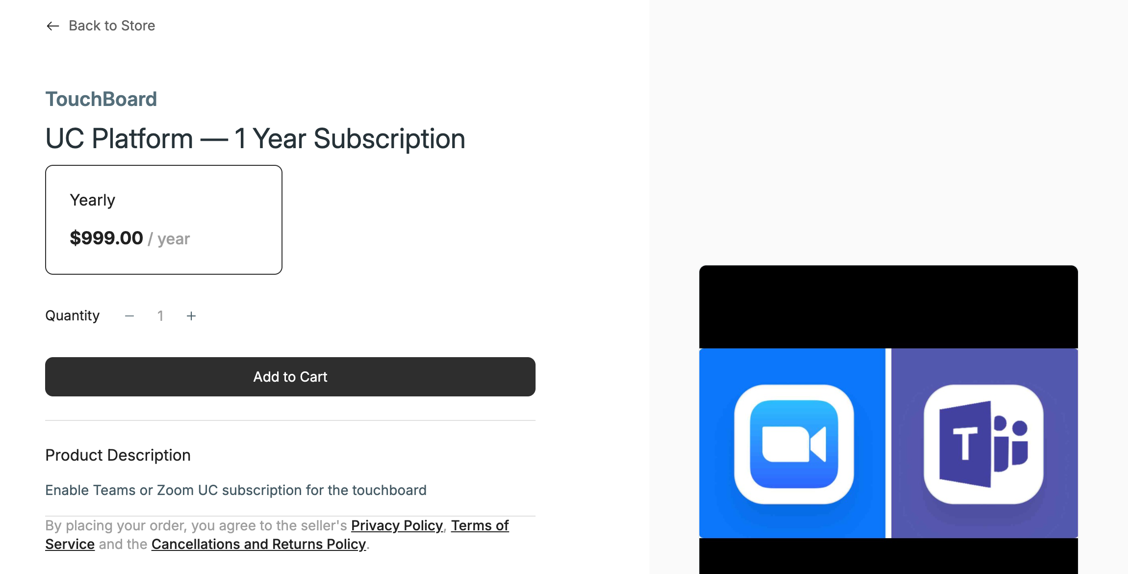 Product page with price plan, quantity, and Add to Cart.