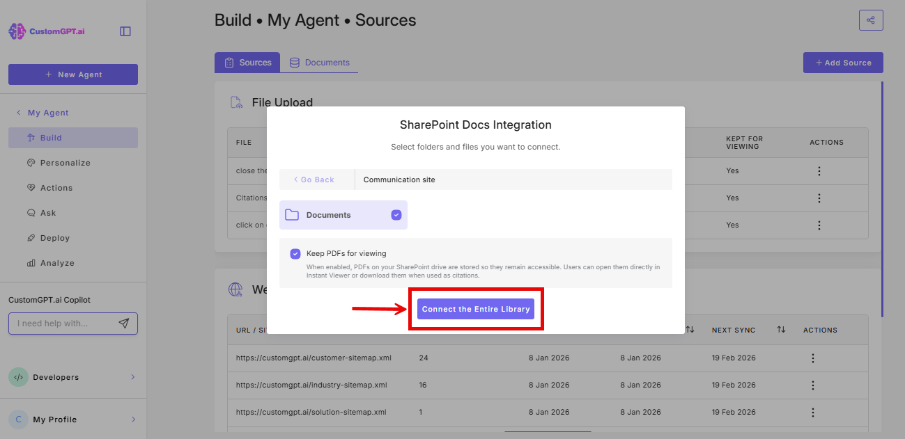 Connect to Library button on the pop-up window