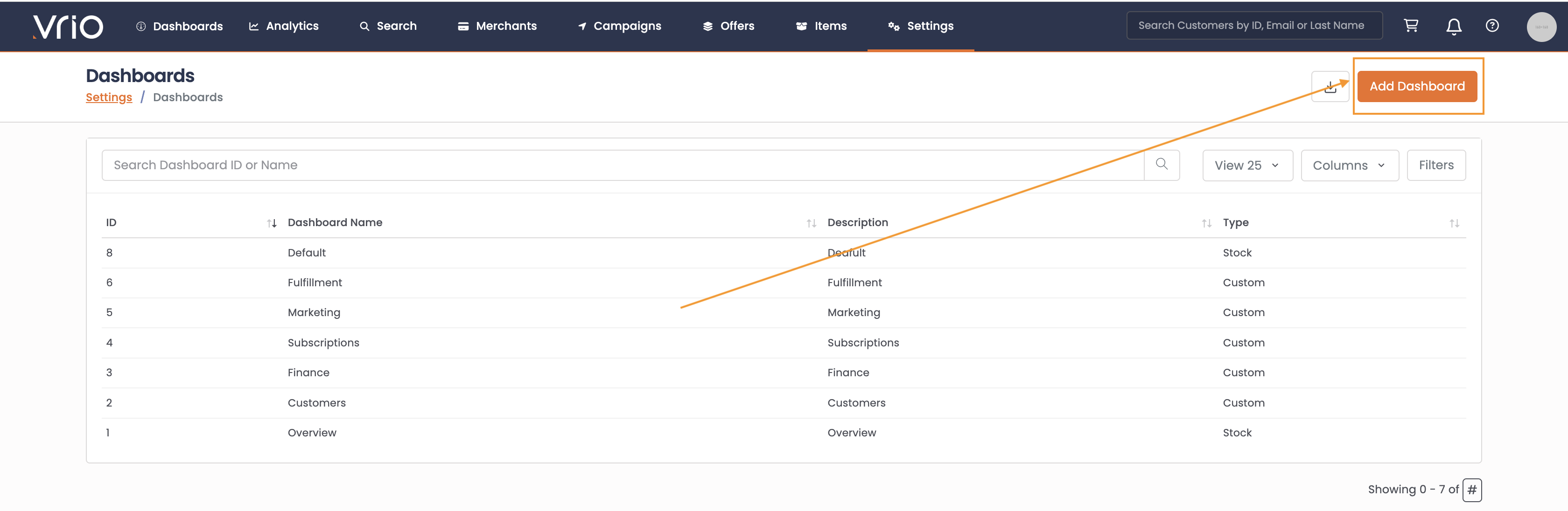 Add Dashboard button