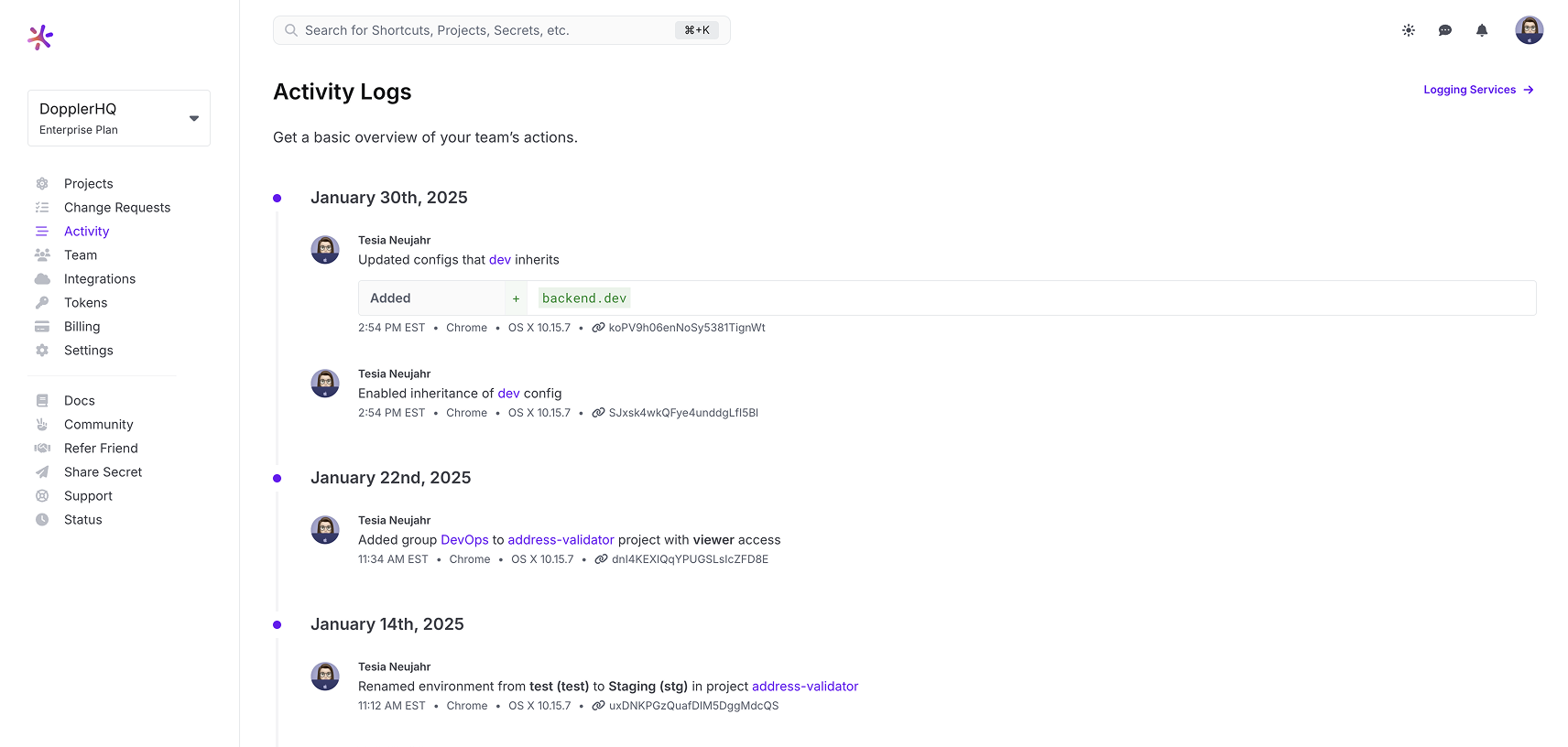 Screenshot of activity logs in Doppler UI