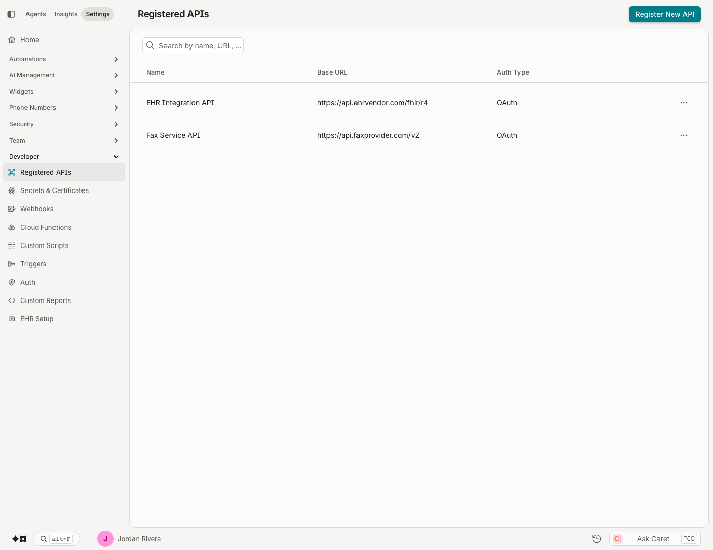 The Registered APIs list: each row shows the name, base URL, and auth type. Register New API lives at the top right.