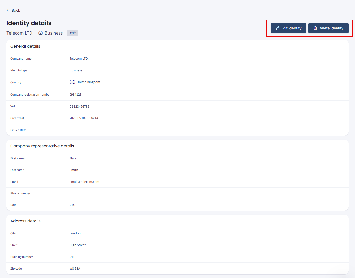 Screenshot of the Identity Details page