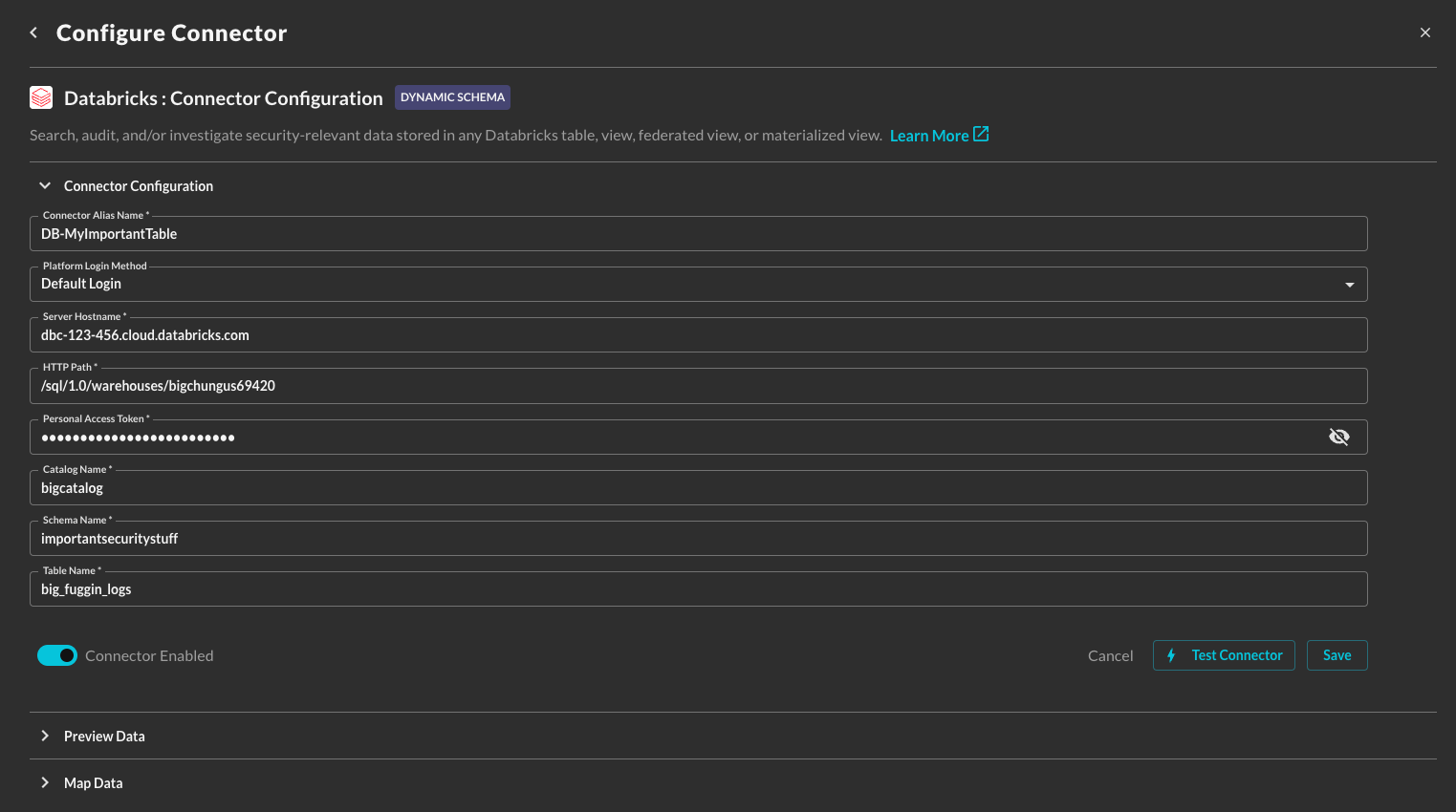 Providing Connection Info for Databricks in the Configure Connector screen