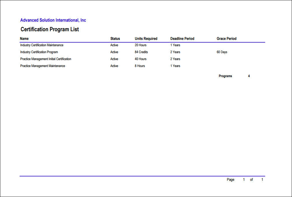 Viewing the Certification Program List report example