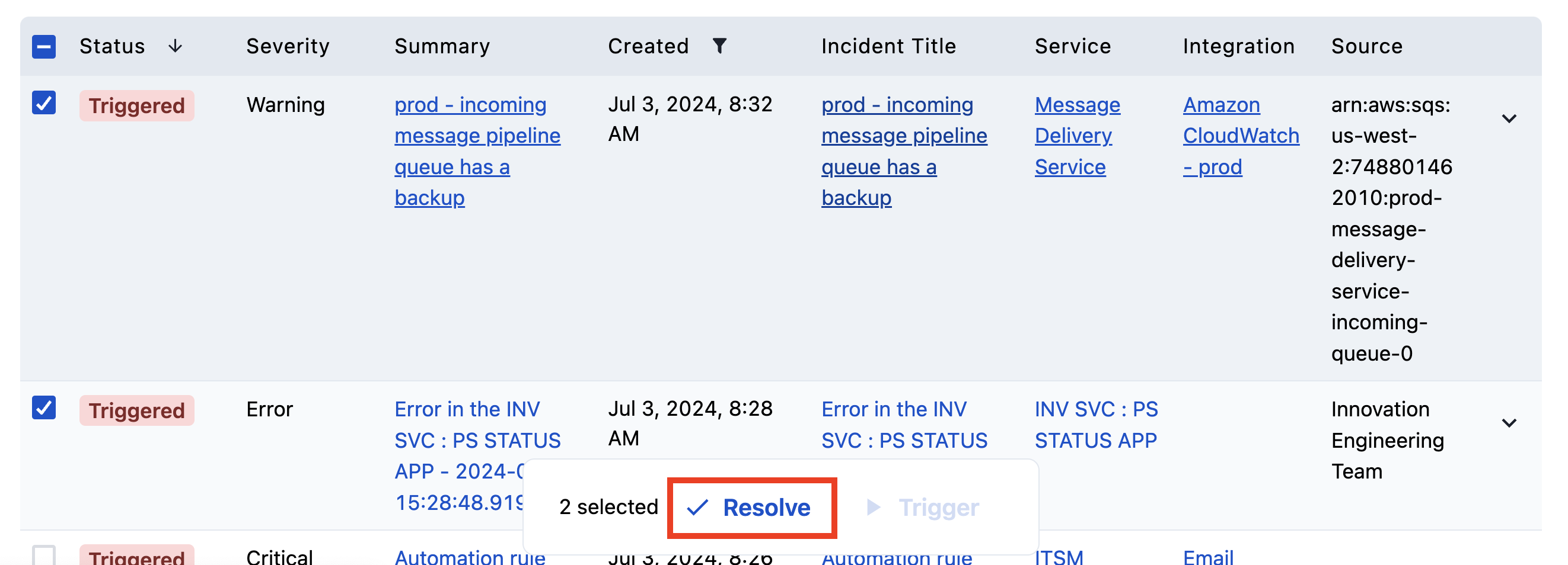 An image depicting the UI element that resolves selected alerts