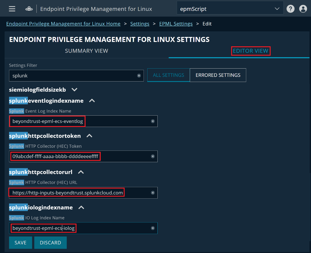 Splunk settings in EPM-L