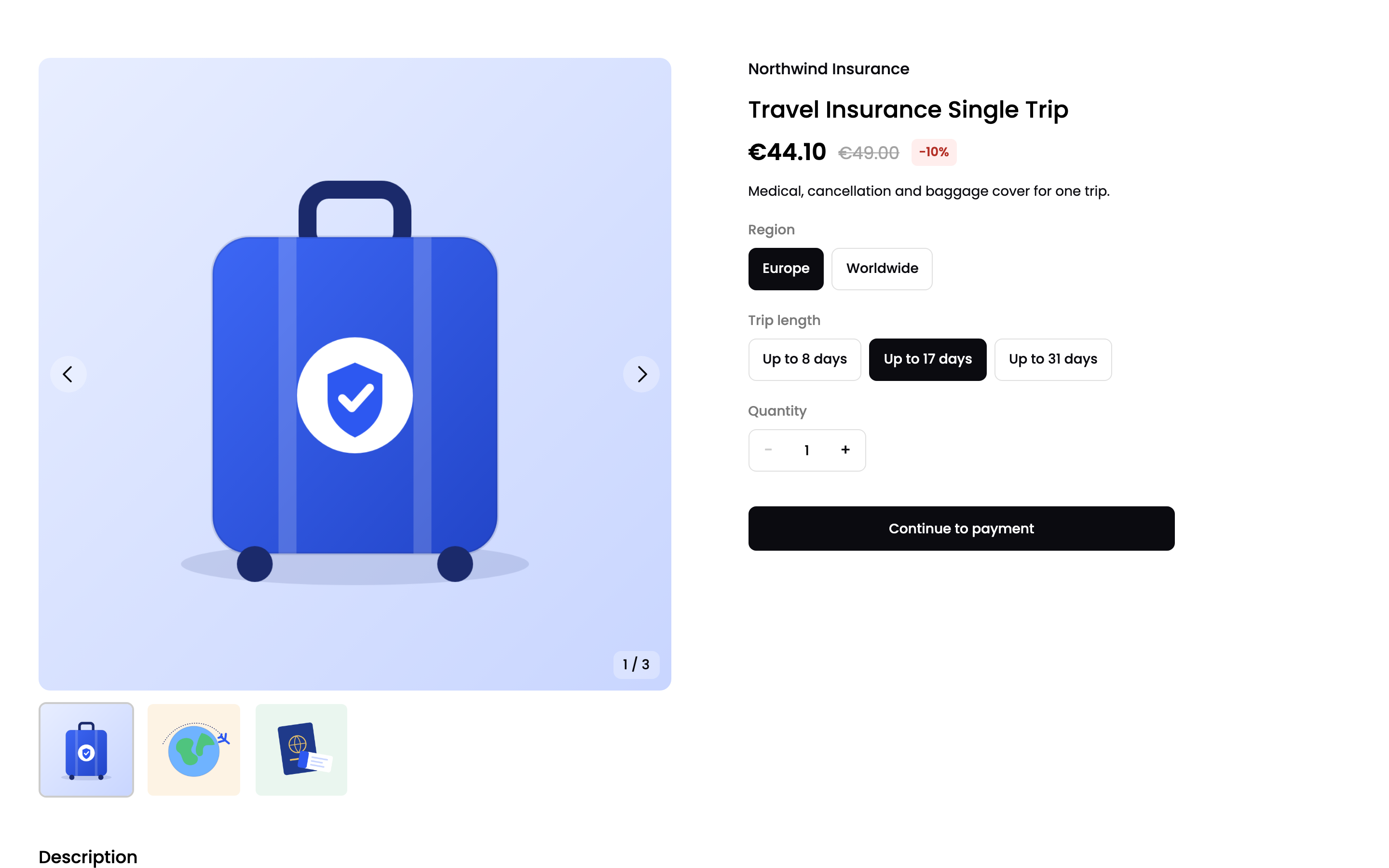 A product page for a travel insurance product, with images, options and the Continue to payment button