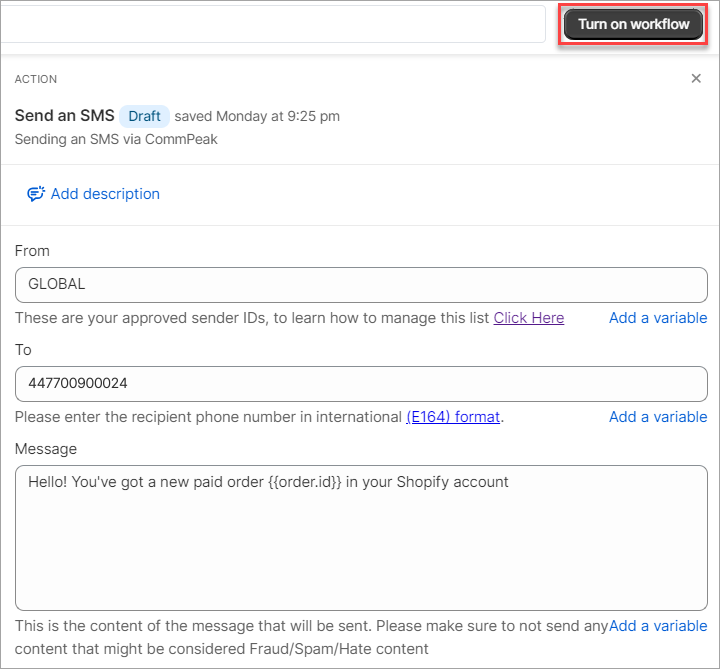 Screenshot of the screen with enabling workflow