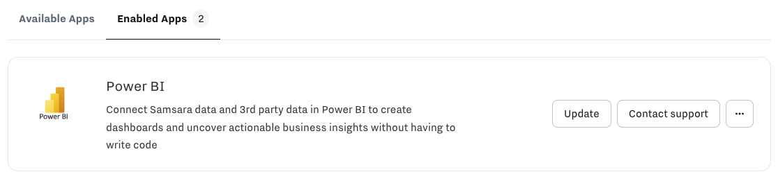 Example in Samsara **Settings > Apps** where Power BI app requires updated scope access for new tables.