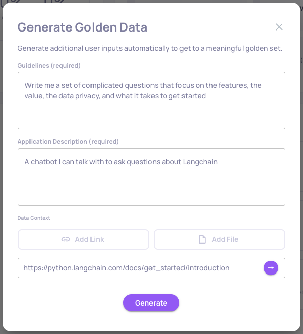 A pop-up window for generating an evaluation (=golden) set. In this example, we're simulating a "talk with my docs" example for Langchain's documentation.