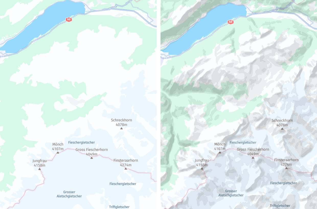 Comparison of maps without and with hillshading