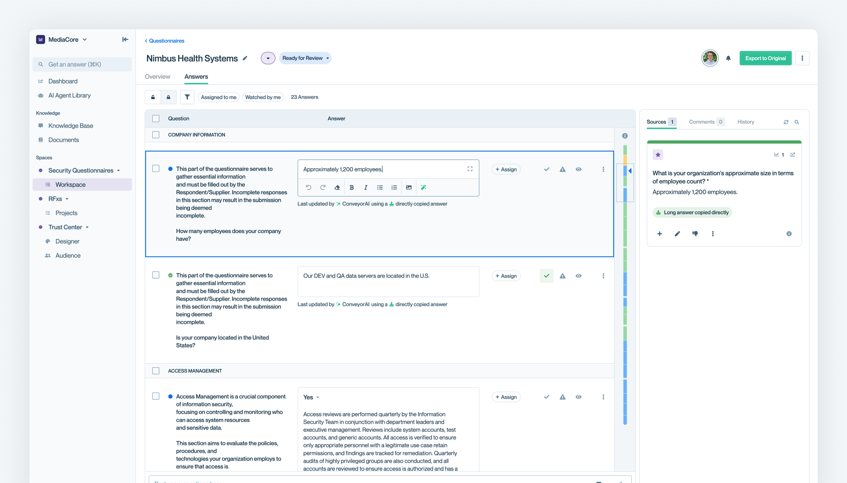 Conveyor's automated questionnaire answering interface