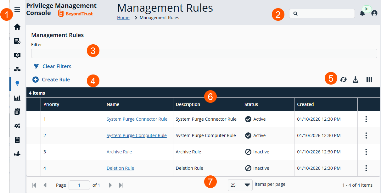 Endpoint Privilege Management for Windows and Mac Management Rules page