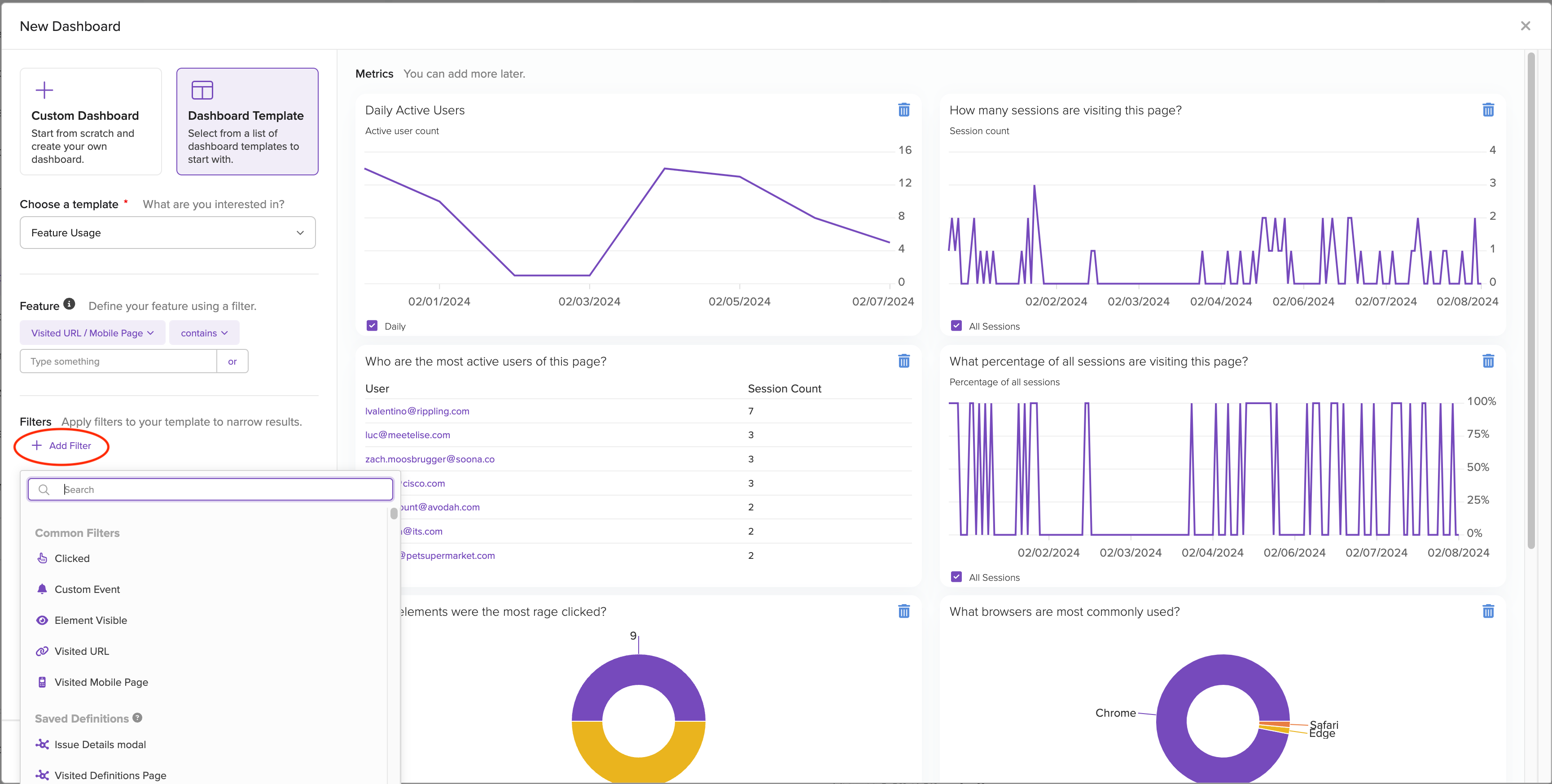 Adding filters to a prebuilt dashboard template