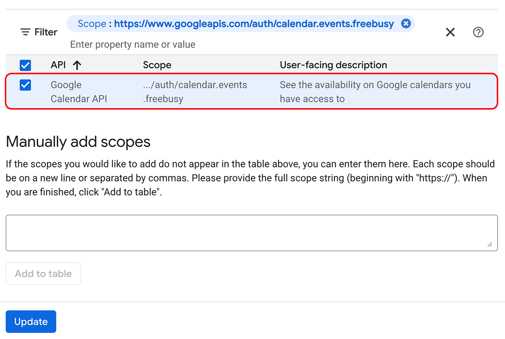 A screenshot of the Google Workspace cloud admin console showing how to enable the scope https://www.googleapis.com/auth/calendar.events.freebusy web app 