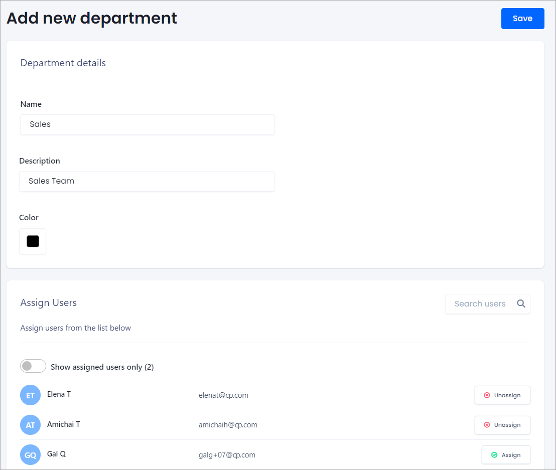 Screenshot of the Adding new department page