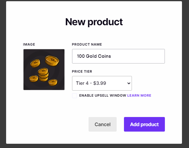 The "New Product" window after adding in the information.