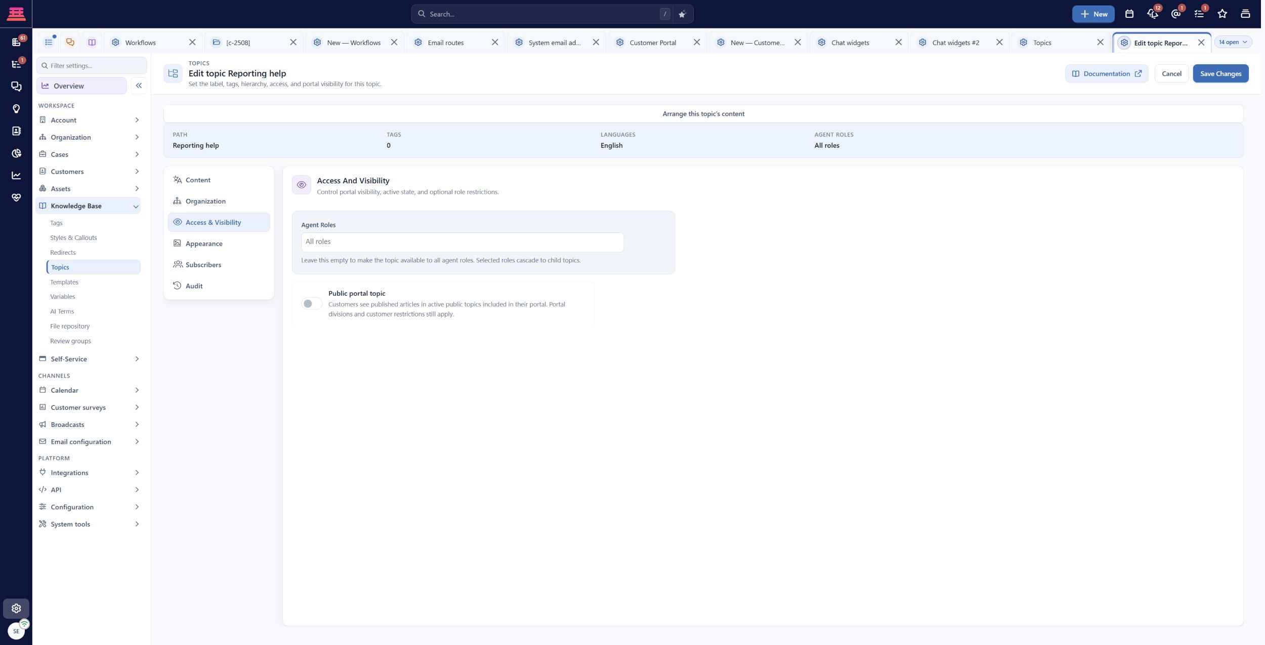 Saved training topic access: Public portal topic is off and no topic role restriction is selected. Article visibility and portal rules still apply.