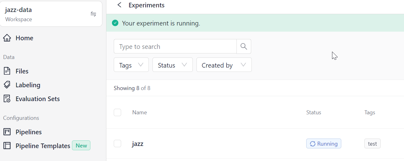 The Experiments page with the newly started experiment running.