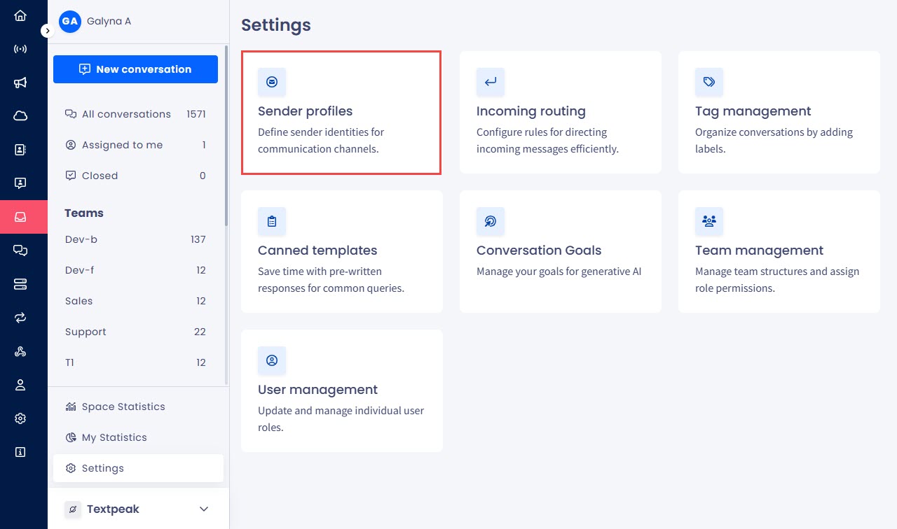 Screenshot of the Sender Profiles page
