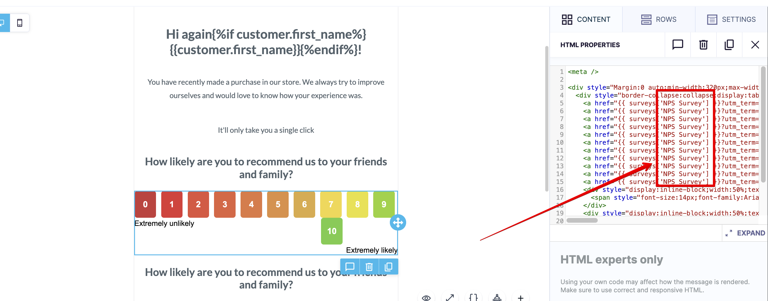 HTML editor in Bloomreach Engagement showing how to replace the survey name in NPS survey email template