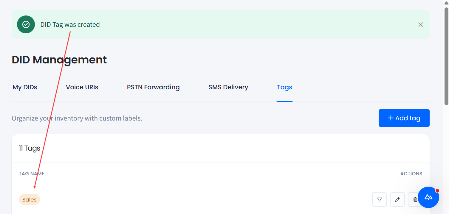 Screenshot of the DID number tag created