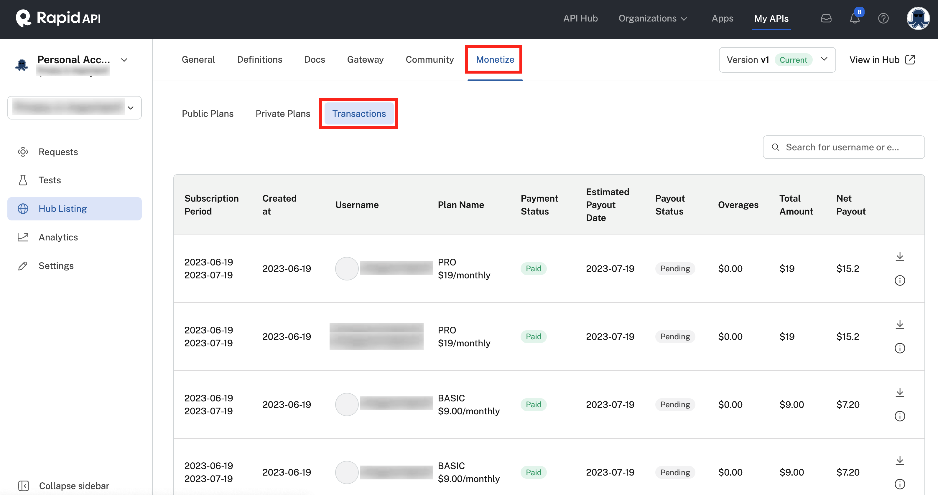 Viewing transactions for a monetized API.