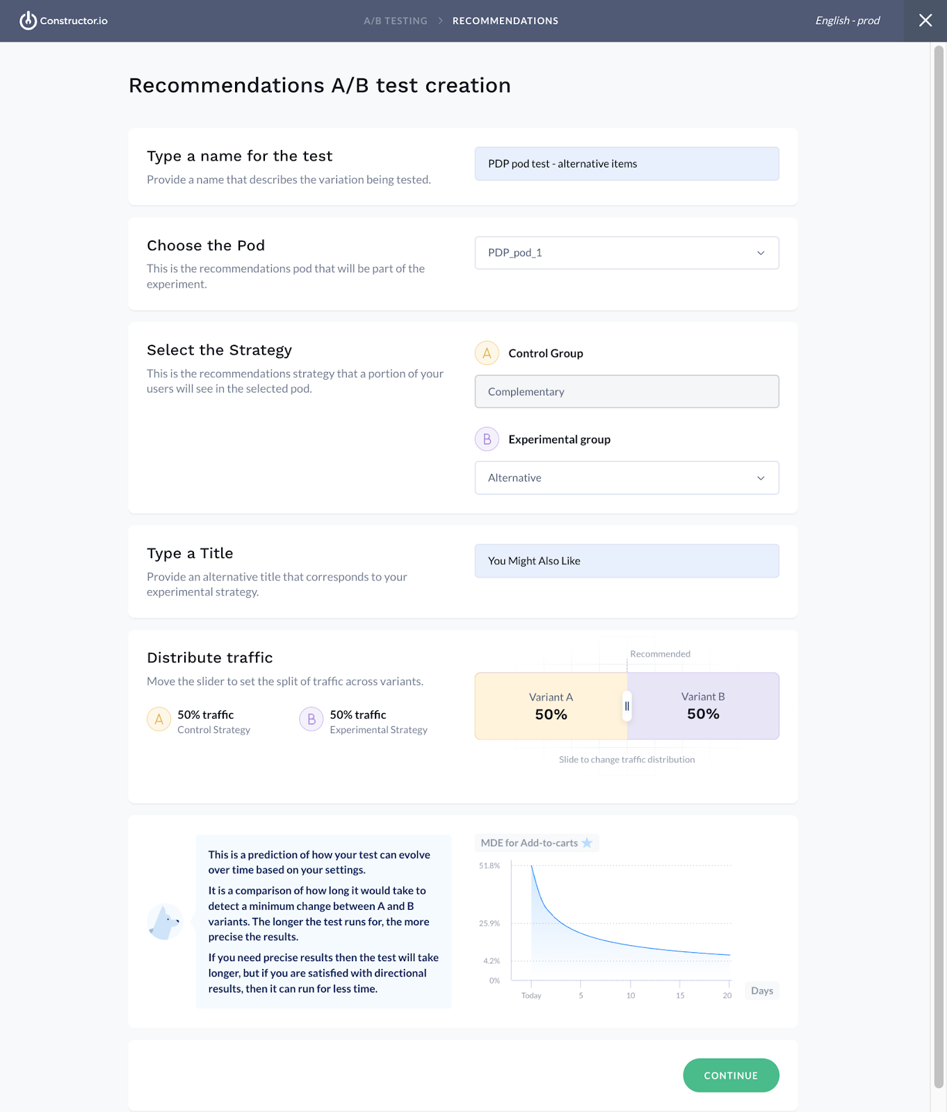 Recommendation A/B test set up in the dashboard 