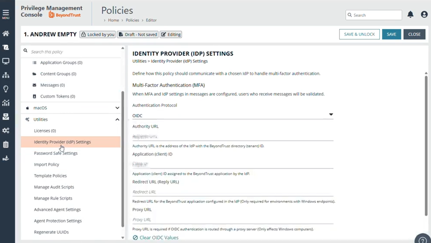 Identity provider settings in the EPM for Windows and Mac Policy Editor
