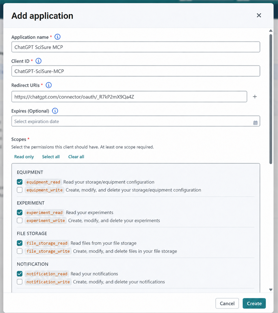 SciSure Research Add application dialog configured for ChatGPT with a ChatGPT callback URL and read-only scopes