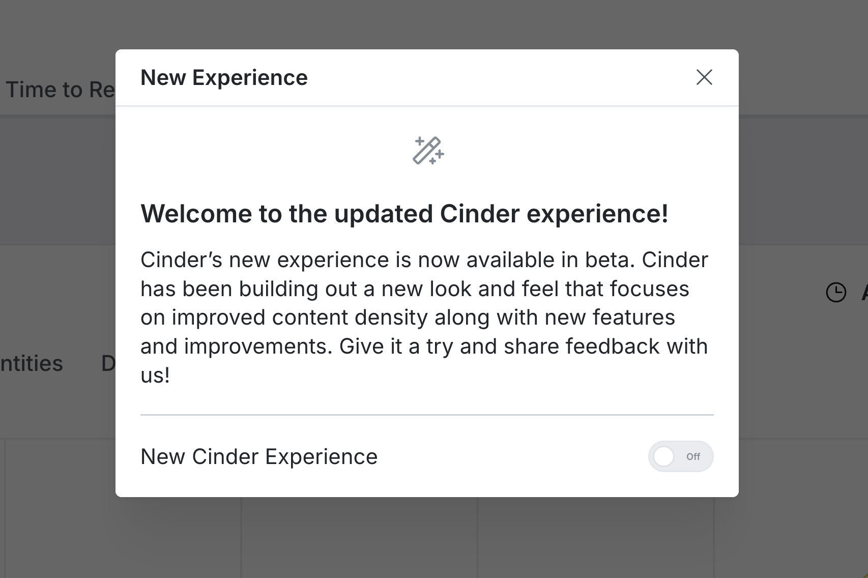 The opt-in modal for New Cinder Experience