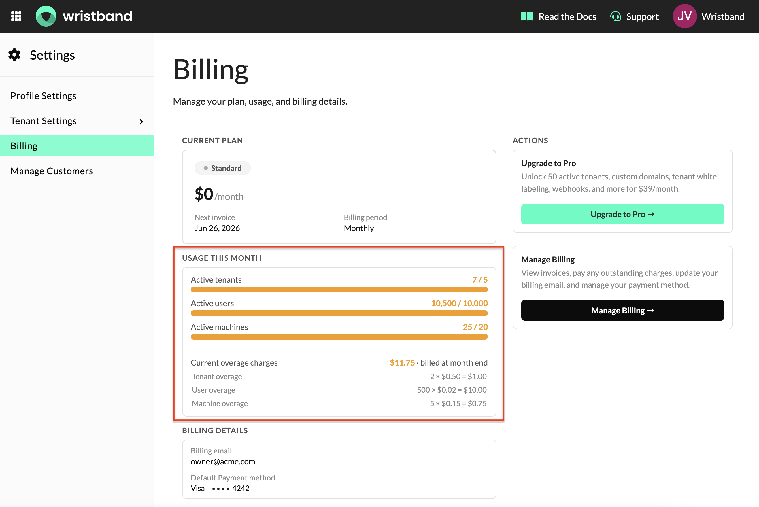 Billing page usage bars and current overage charges