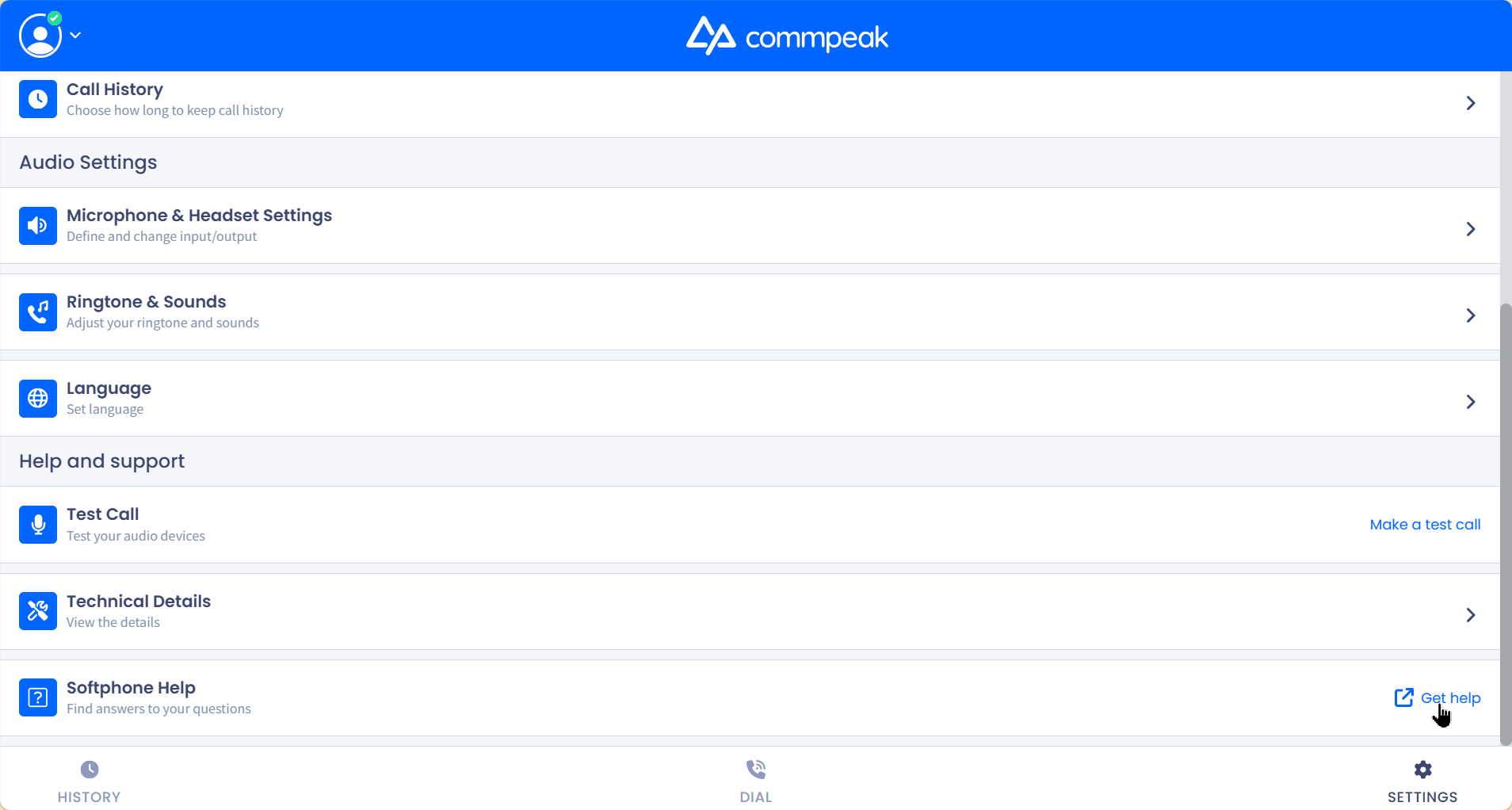 Screenshot of the Softphone Help option