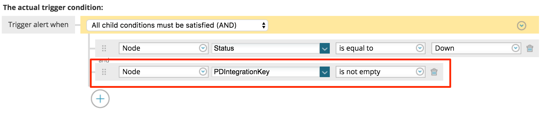 A screenshot of the SolarWinds Orion UI detailing that a node's "PDIntegrationKey" field is not empty