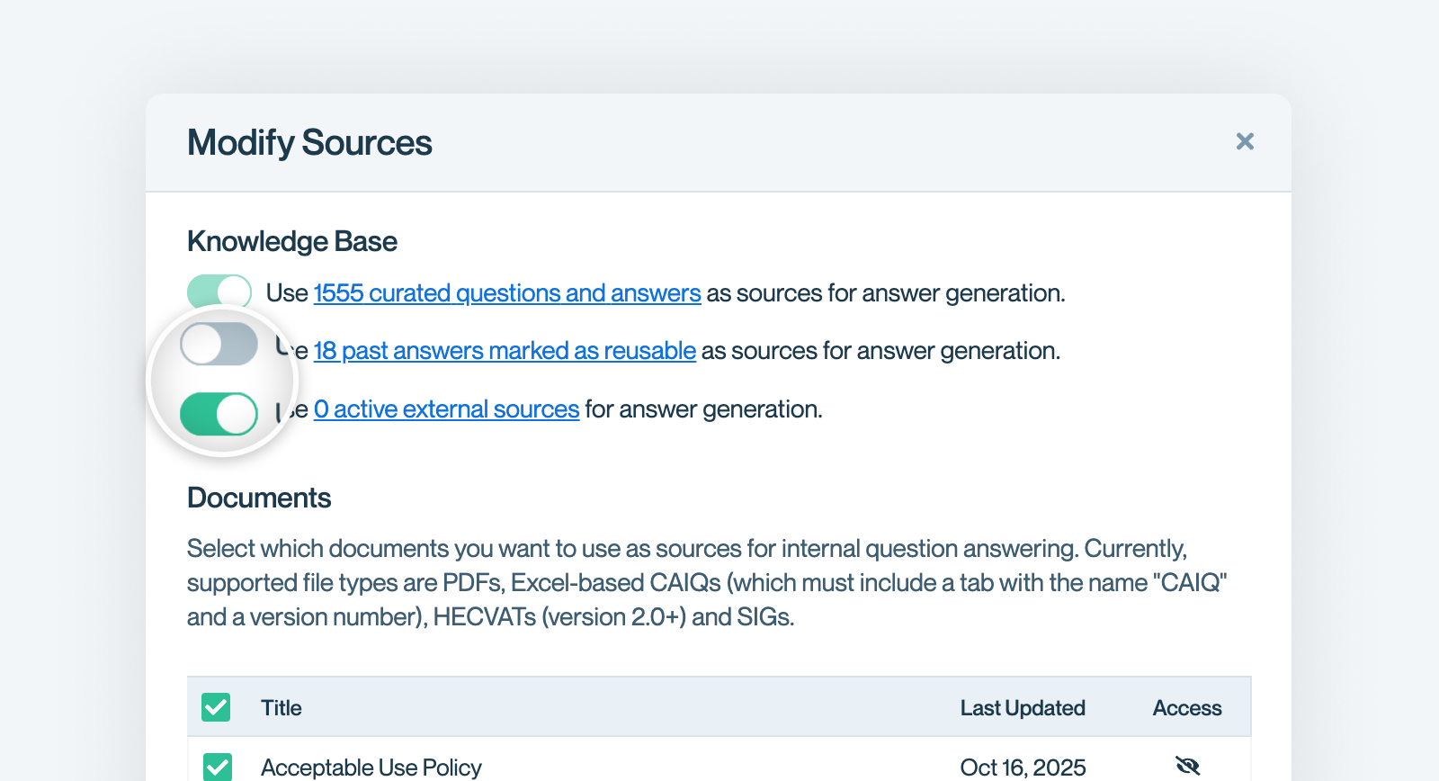 Closeup of the user interface to toggle on and off Past Answers and external sources
