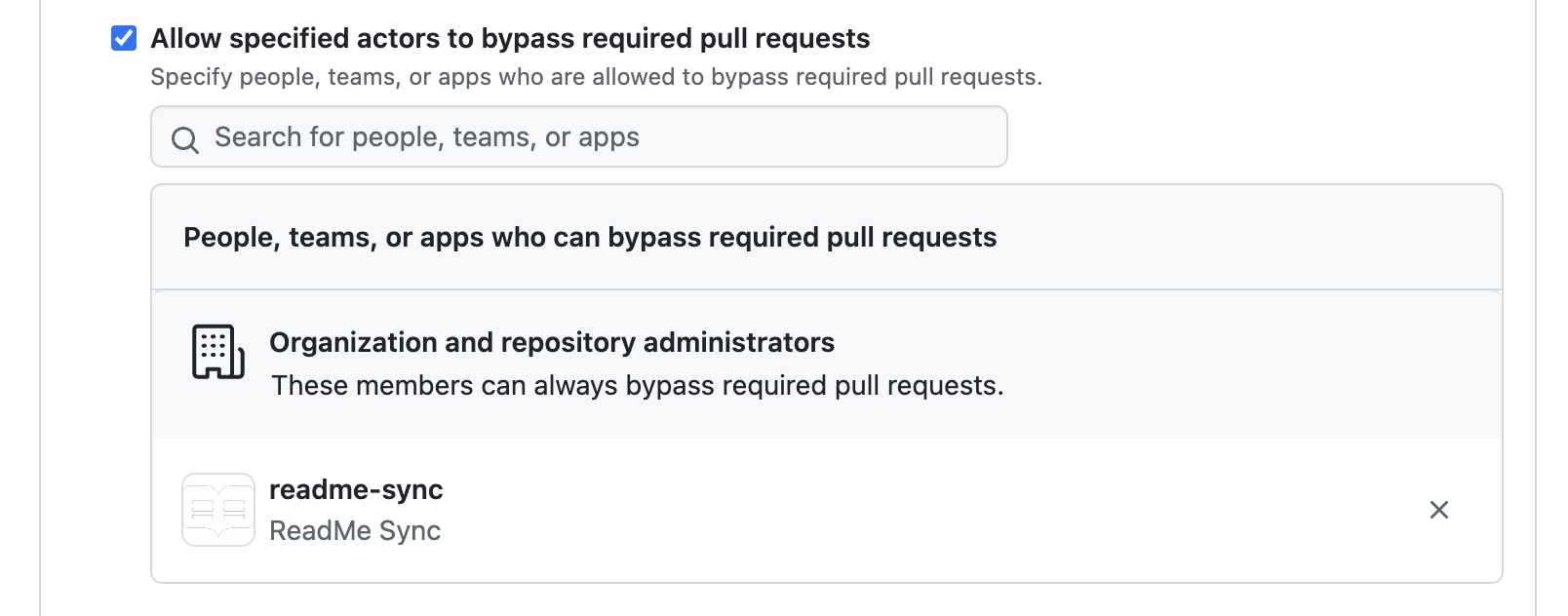 Configuring ReadMe Sync in legacy branch protection settings to bypass pull request requirements.