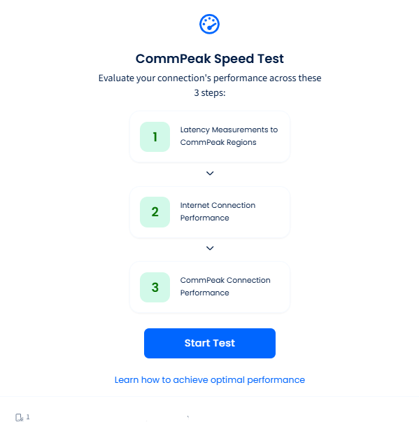 Screenshot of the **CommPeak Speed Test** pop-up window