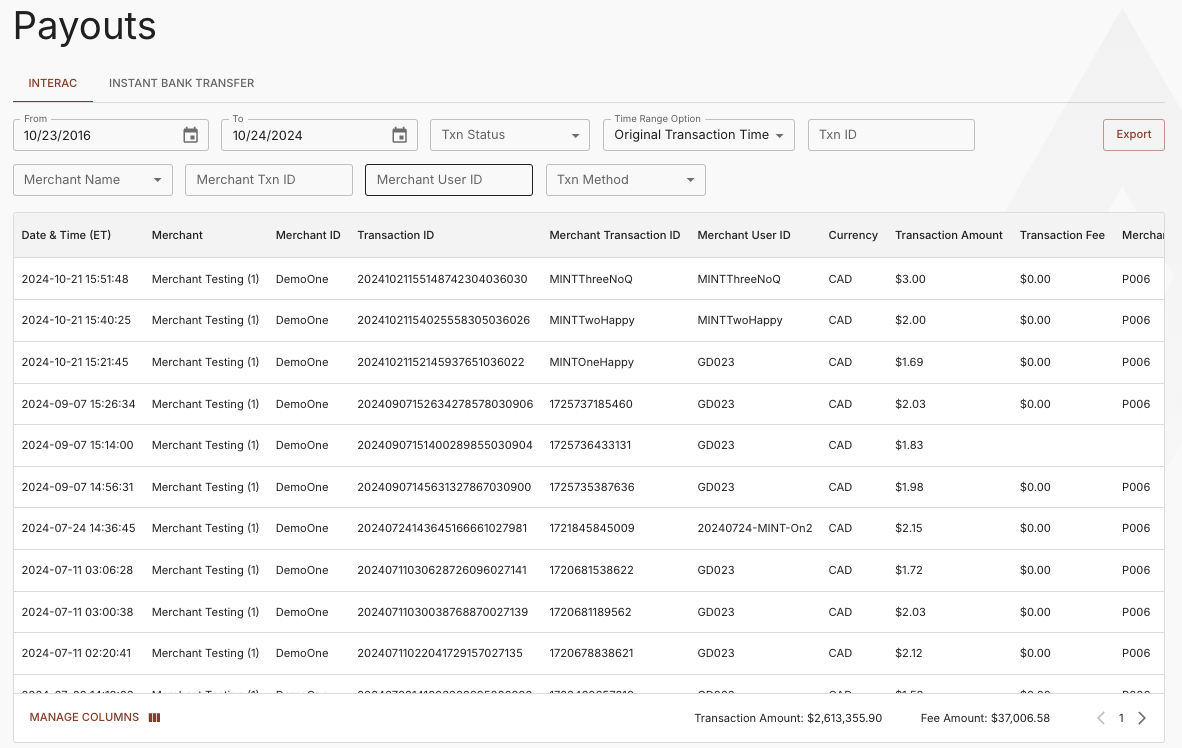 INTERAC Payouts Report