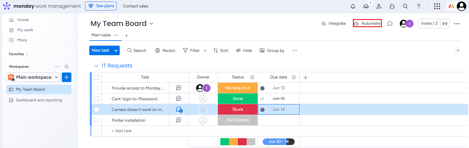 Screenshot of the monday.com Automate option