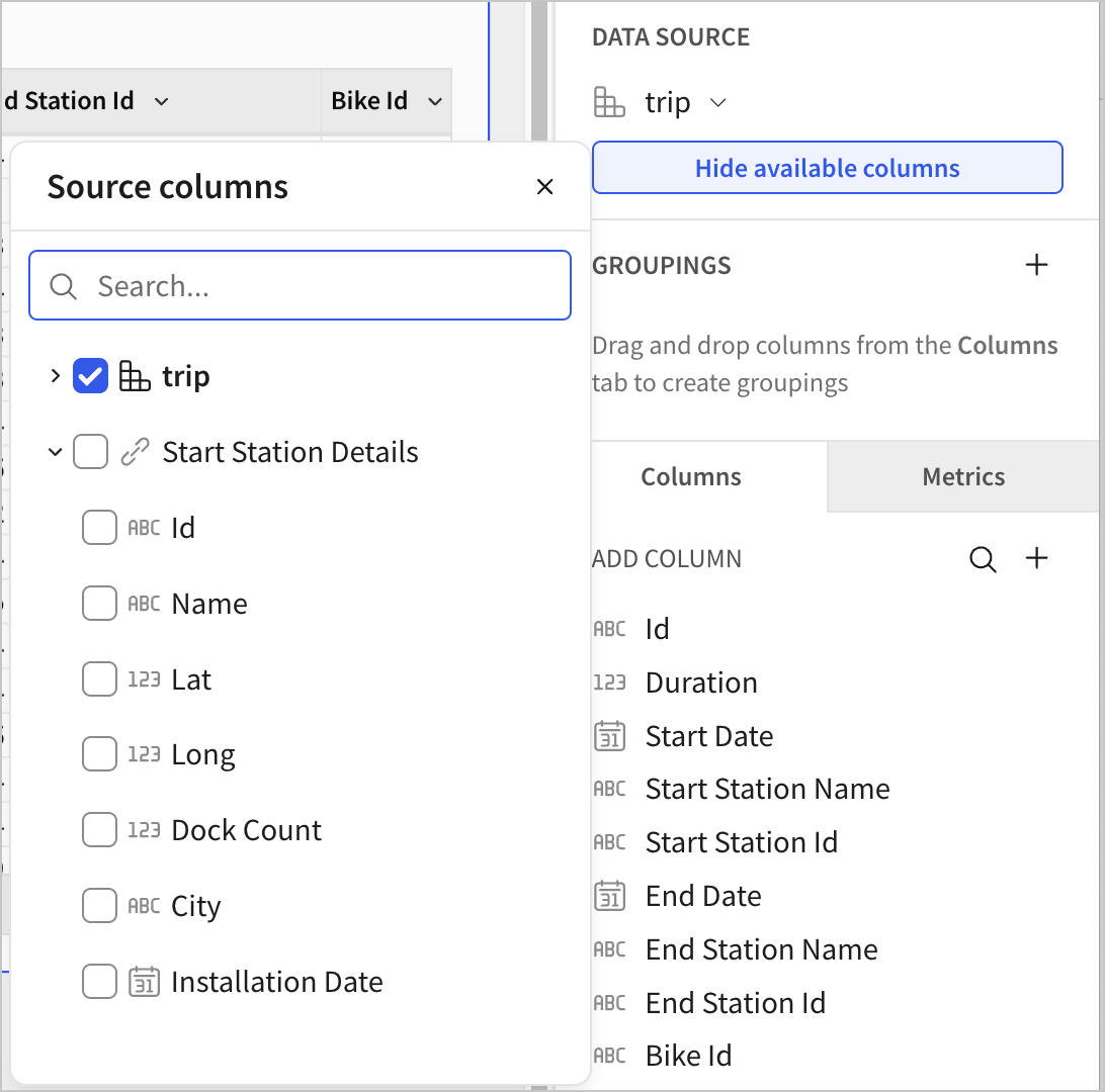 Related columns available in a workbook from the Stations table, after the Trip table from the data model is added as a data source.